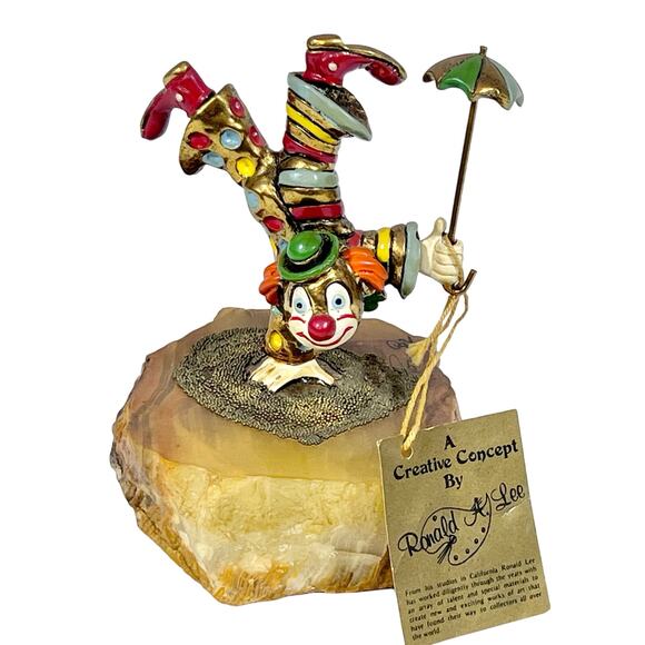 Ronald Ron Lee Other - Ron Lee Acrobat Handstand Clown Umbrella Gold Onyx Hand Painted Signed 1982